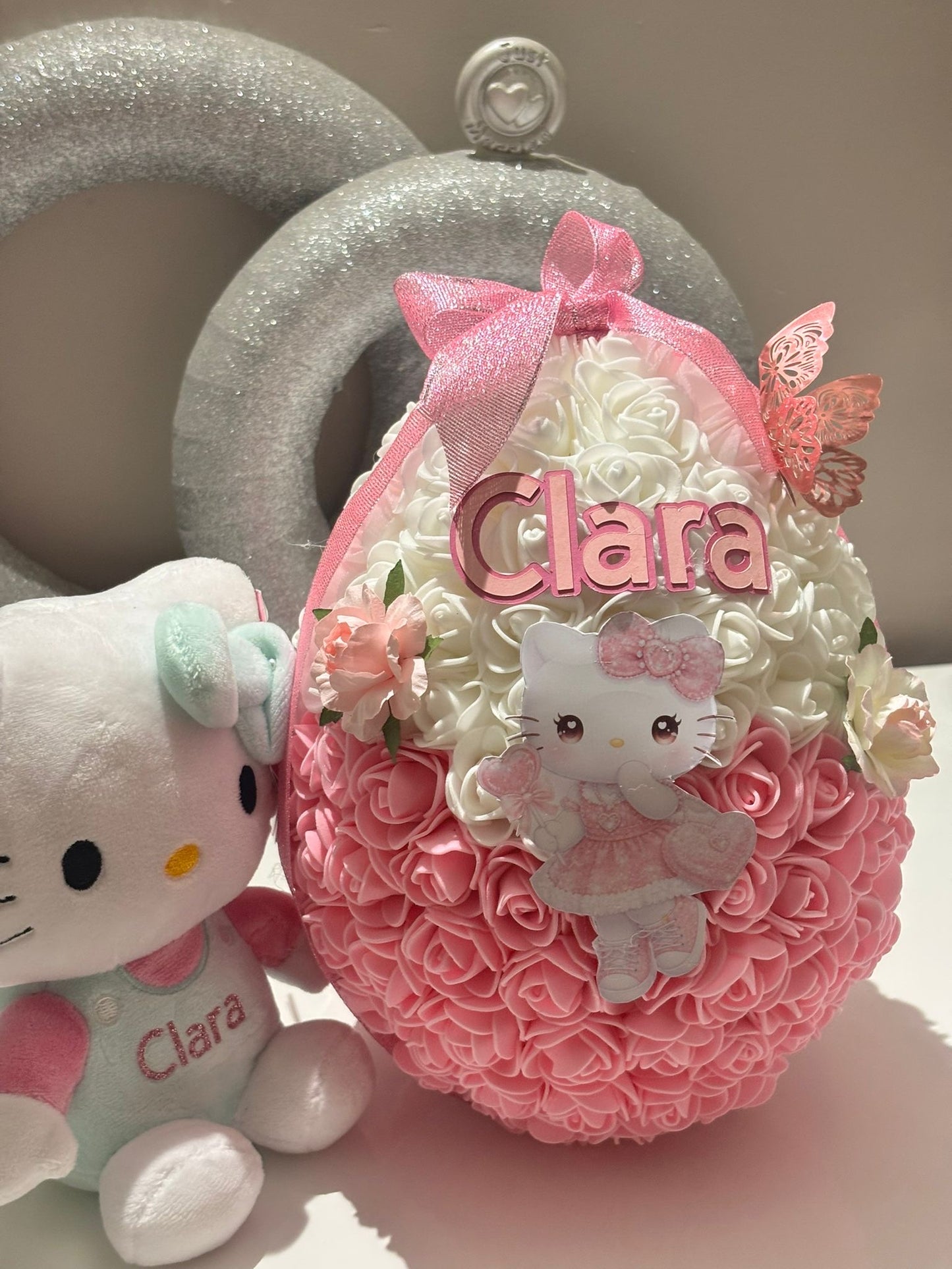 Œuf floral 30cm avec peluche 15cm